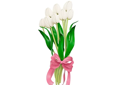 Floral Display With White Tulips Bouquet Green Leaves And Pink Ribbon Bow 3d model