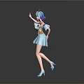 Game Movie Character With Teal Blue Hair Purple Accessory In Blue Dress Waving Lively