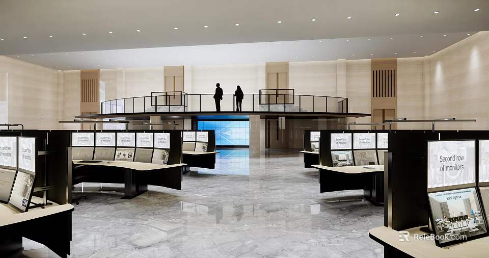 Modern Monitoring Room Interior With Workstations Multiple Monitors And Spacious Layout 3d model 