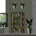 Indoor Garden Decor Featuring Wooden Multi Tiered Shelf With Potted Plants And Hanging White Planters