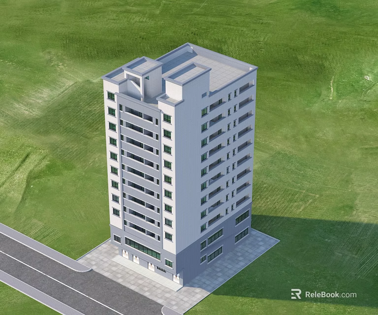 Modern Multi Story Residential Building With White Windows Balconies Green Lawn And Road 3d model 