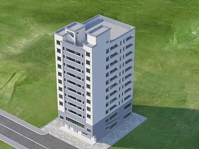 Modern Multi Story Residential Building With White Windows Balconies Green Lawn And Road 3d model