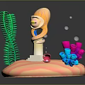Cartoon Underwater Scene With Orange Haired Character White Pedestal Green Seaweed Colorful Coral And Bubbles