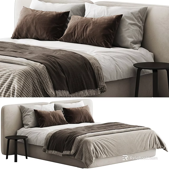 Modern Double Bed With Brown Pillows White Sheets And Plaid Blanket Near Black Stool 3d model 