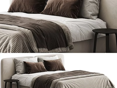 Modern Double Bed With Brown Pillows White Sheets And Plaid Blanket Near Black Stool 3d model