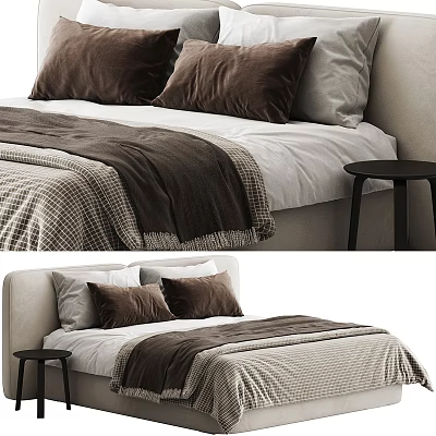 Modern Double Bed With Brown Pillows White Sheets And Plaid Blanket Near Black Stool 3d model