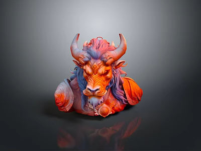 Colorful Bull Head Sculpture With Red And Purple Hair Horns On Dark Background With Reflection 3d model