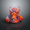 Colorful Bull Head Sculpture With Red And Purple Hair Horns On Dark Background With Reflection