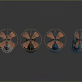 Four Computer Cooling Fans With Orange Blue Metal Frames And Reflective Surfaces 3d model
