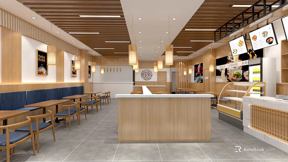 Modern Restaurant Interior With Wooden Ceiling Hanging Lamps And Counter Seating 3d model 