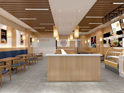 Modern Restaurant Interior With Wooden Ceiling Hanging Lamps And Counter Seating 3d model