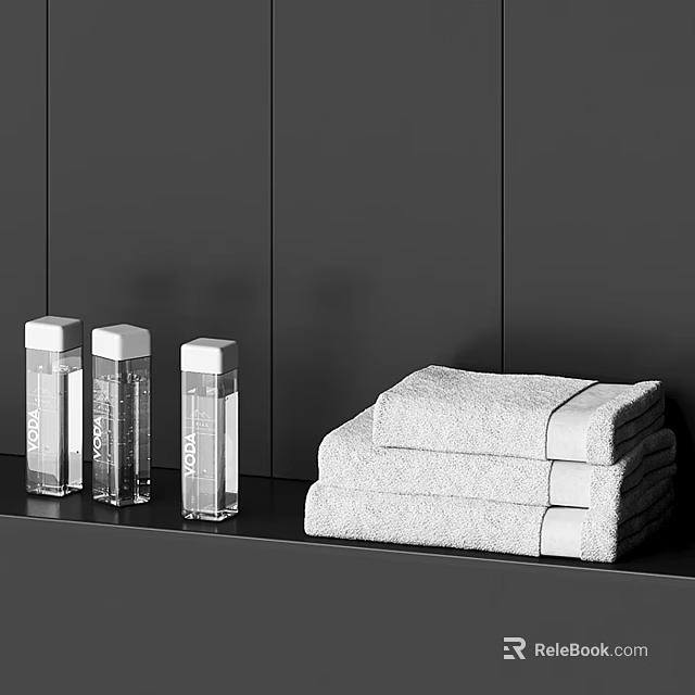 Stacked White Towel With Clear Bottles On Black Bathroom Wall Surface 3d model