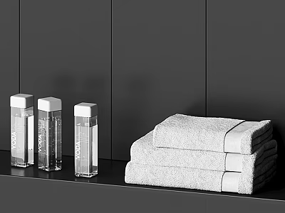 Stacked White Towel With Clear Bottles On Black Bathroom Wall Surface 3d model