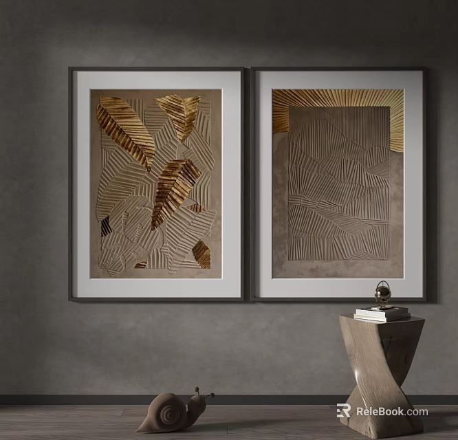 Two Abstract Paintings With Black Frames Gold Brown Geometric Patterns On Grey Wall 3d model