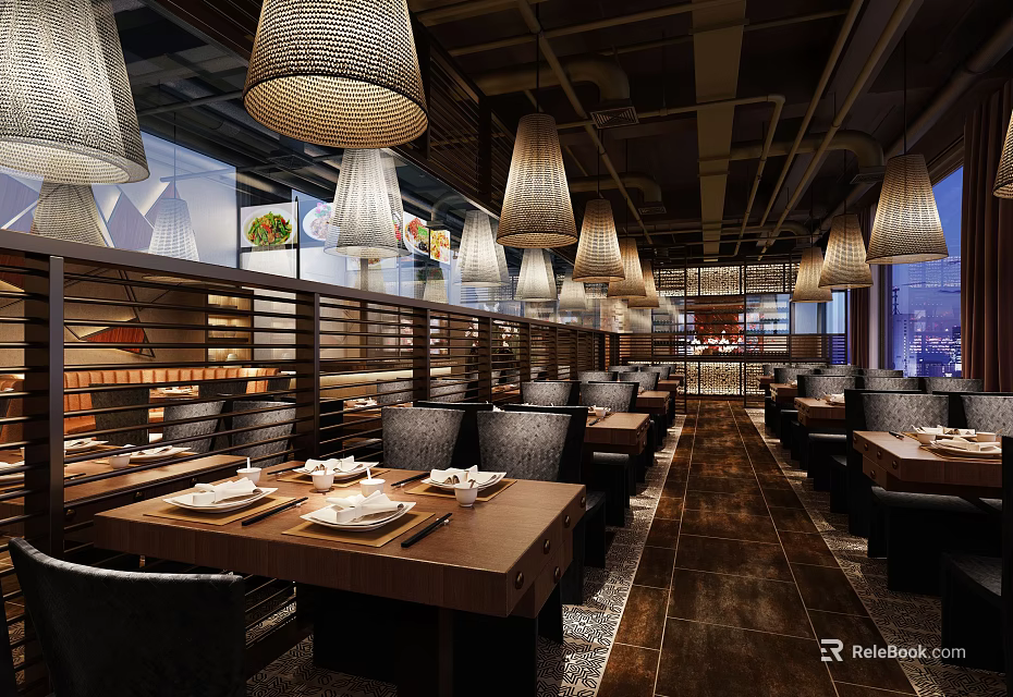 Elegant Restaurant Interior With Woven Pendant Lights Wooden Tables And Neat Settings 3d model 