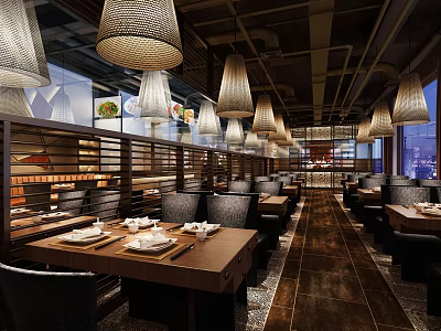Elegant Restaurant Interior With Woven Pendant Lights Wooden Tables And Neat Settings 3d model