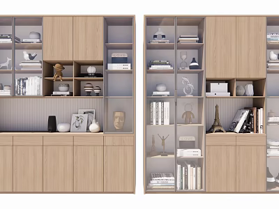 Modern Wooden Bookshelf Interior Design With Multiple Shelves Books Decorative Sculptures And Ornaments 3d model