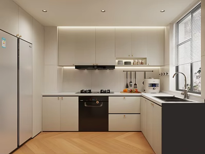 Modern Kitchen Interior With White Cabinets Black Oven Gas Stove Sink And Wooden Floor 3d model