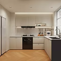 Modern Kitchen Interior With White Cabinets Black Oven Gas Stove Sink And Wooden Floor