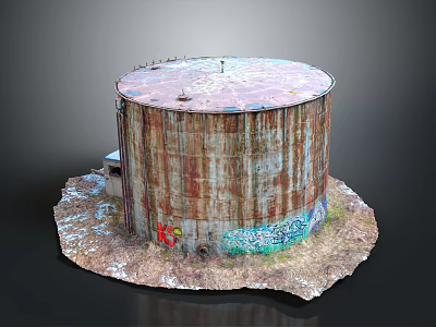 Rusty Oil Tank Exterior With Weathered Surface And Colorful Graffiti On Surrounding Ground 3d model