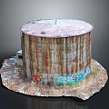 Rusty Oil Tank Exterior With Weathered Surface And Colorful Graffiti On Surrounding Ground
