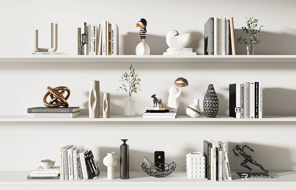 Decorative Ornament Combination on White Shelves with Books Plants and Sculptures 3d model 