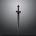 Medieval Sword With Red Hilt And Decorative Metal Blade On Dark Background