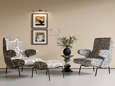 Stylish Zebra Print Accent Chairs With Ottoman Potted Plant And Wall Art 3d model