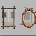 Decorative Mirrors With Natural Branch Frames In Room Interior With Wooden Floor And Art