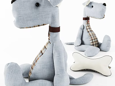 Gray Stuffed Dog Plush Toy With Brown Collar Plaid Tie And Bone Accessory 3d model