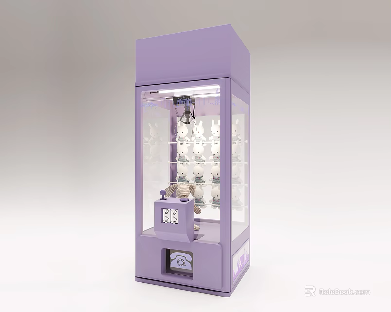 Purple Claw Machine Amusement Equipment With Stuffed Toys In Transparent Glass Display And Front Control Panel 3d model 