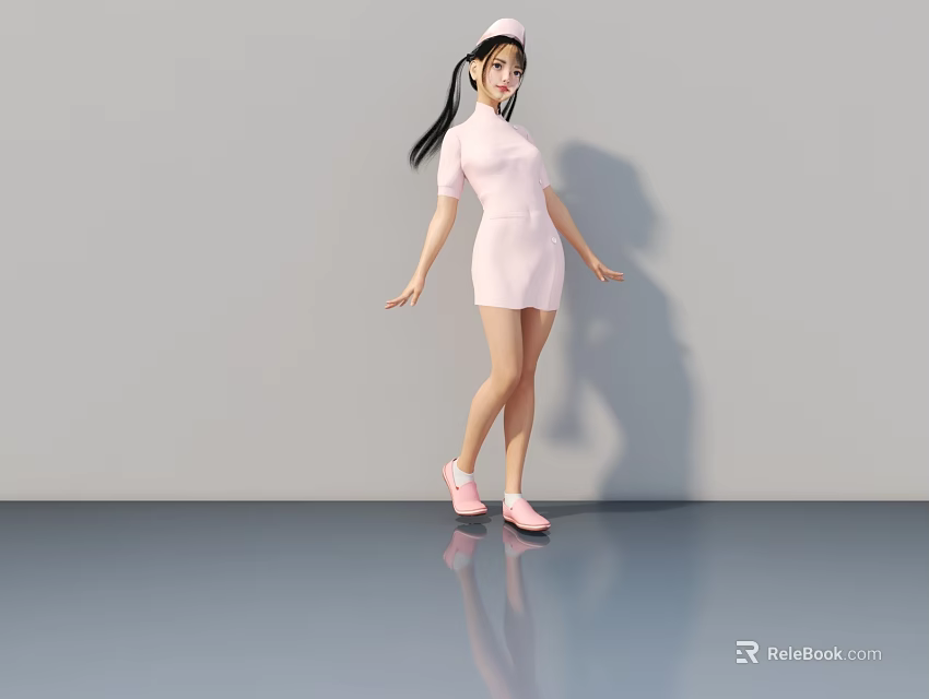 Woman in Pink Nurse Uniform With Cap Standing on Gray Background and Pink Shoes 3d model 
