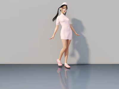 Woman in Pink Nurse Uniform With Cap Standing on Gray Background and Pink Shoes 3d model