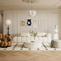Living Room Interior Design With Herringbone Wooden Floor Wall Art Sculpture And Rug