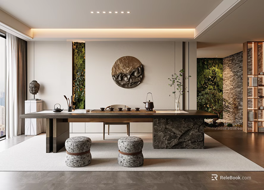 Traditional Serene Tea Room With Wooden Tea Table Tea Sets And Green Plants 3d model 