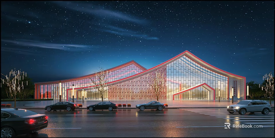 Modern Visitor Center Featuring Glass Facade Red Structural Design Illuminated At Night With Trees 3d model 