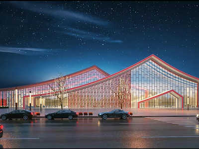 Modern Visitor Center Featuring Glass Facade Red Structural Design Illuminated At Night With Trees 3d model