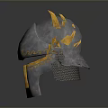 Ancient Battle Helmet Featuring Silver Body Golden Feathered Sides Carved Patterns And Chainmail Chin