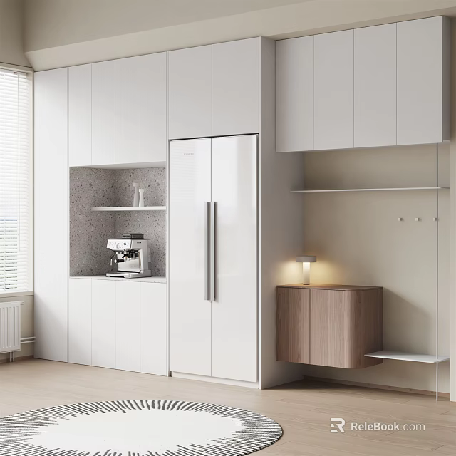 Modern Open Concept Kitchen With Stylish Wine Cabinet And Storage Design 3d model