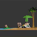 Colorful Cartoon Beach Scene With Palm Trees Green Umbrella Deck Chairs And Playful Characters