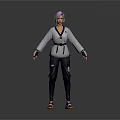 Game Movie Character With Purple Hair Wearing Gray Coat Black Belt Dark Pants Colorful Shoes