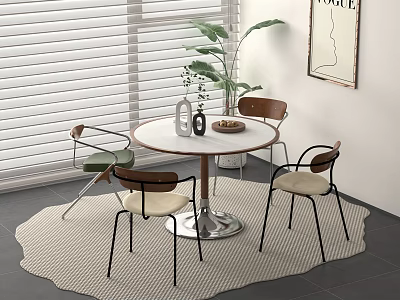 Modern Round Dining Table Set With Four Wooden Chairs Metal Base And Plant 3d model