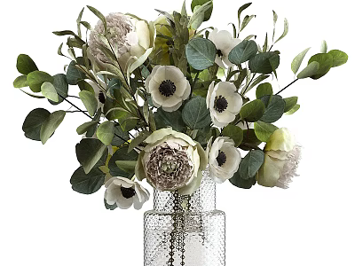 Elegant White Peony And Anemone Flowers In Textured Glass Vase With Green Eucalyptus Leaves 3d model