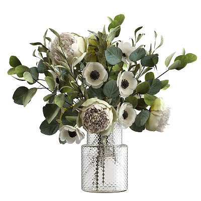 Elegant White Peony And Anemone Flowers In Textured Glass Vase With Green Eucalyptus Leaves 3d model