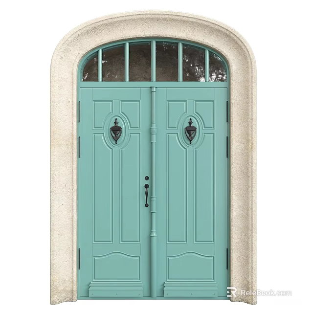 Elegant Teal Double Front Doors With Beige Frame And Arched Window Design 3d model 