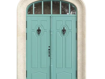 Elegant Teal Double Front Doors With Beige Frame And Arched Window Design 3d model
