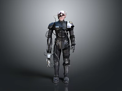 Futuristic Warrior Character Wearing Black Mechanical Armor With Bionic Enhancements 3d model