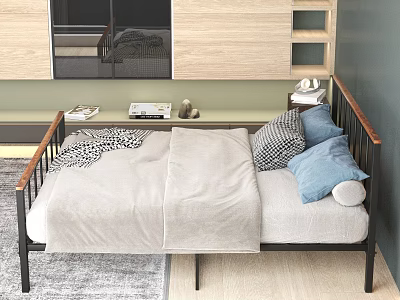 Double Bed with Wooden Metal Frame Gray Quilt Blue and Checkered Pillows Wooden Cabinet Mirror 3d model