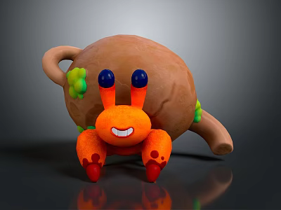 Cute Cartoon Character Creature With Brown Round Body Orange Legs Blue Eyes And Green Details 3d model