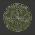 Green Rusty Metal Drum With Yellow Hazardous Waste Label On Dark Surface
